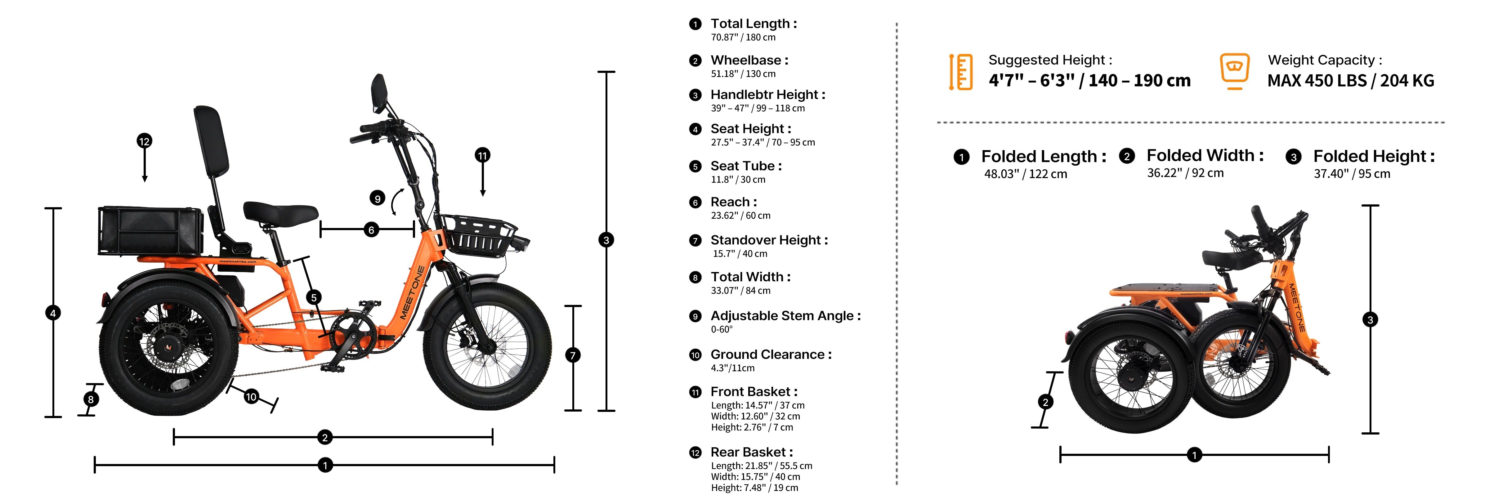 Breeze 2.0 folding eTrike size chart with folded and unfolded dimensions.
