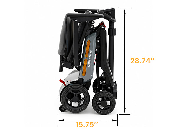 Folded Meet One Glide mobility scooter showing compact dimensions for storage, car trunks, and travel.