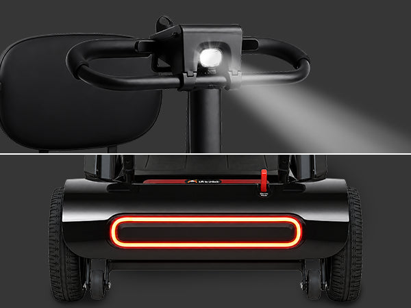 Meet One Glide mobility scooter with front headlight and rear taillight for improved visibility.