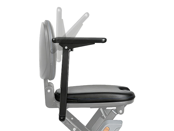Side view of the Meet One Glide mobility scooter seat with armrests and backrest for comfortable riding.