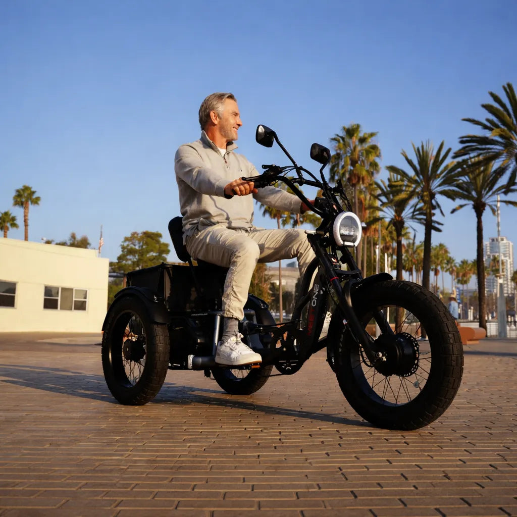 Senior rider enjoying a stable, low-speed ride on a semi-recumbent electric trike