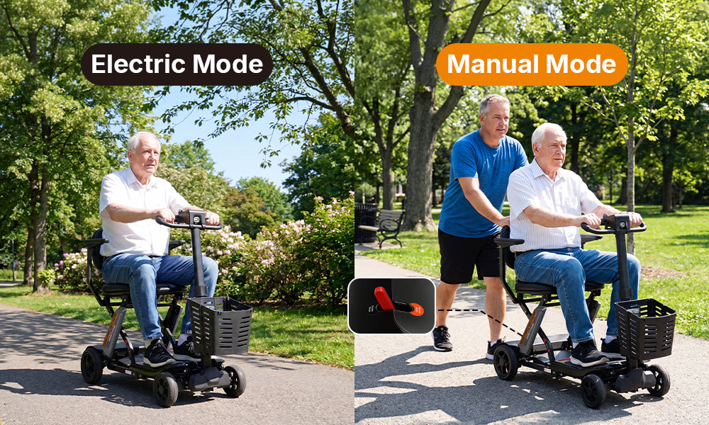 Mobility scooter shown in electric mode and manual mode for assisted outdoor use in a park.