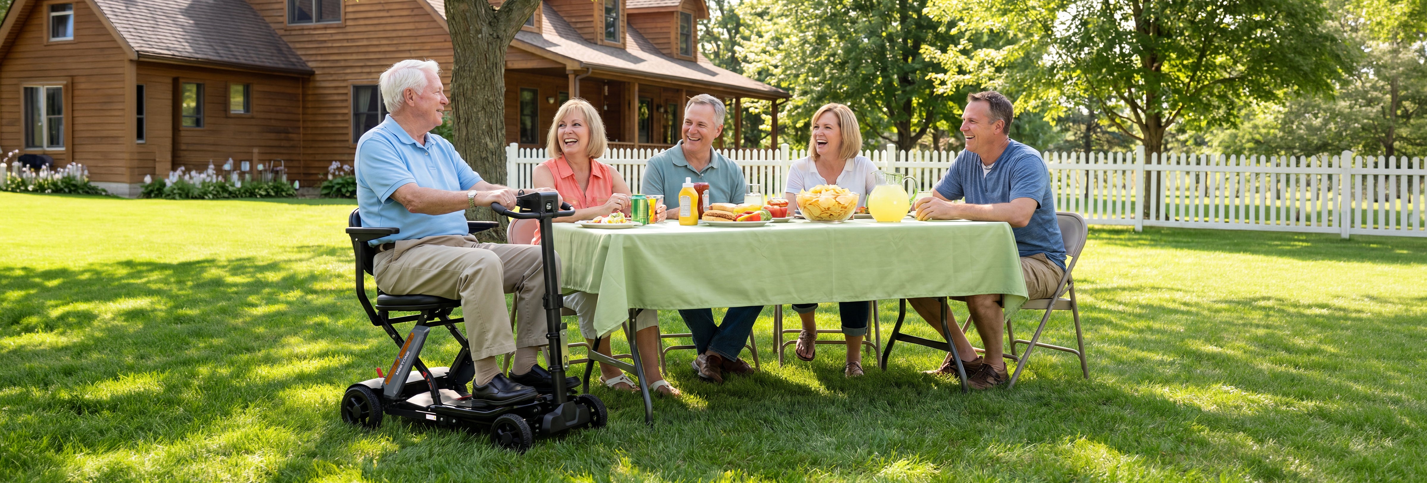 Senior man using a Meet One Glide mobility scooter at an outdoor family gathering in a backyard.