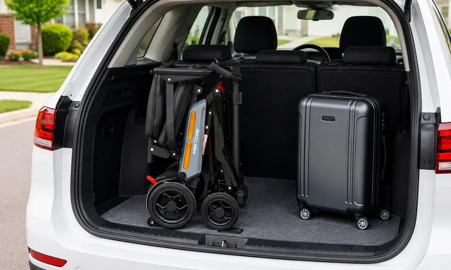 Meet One Glide folding mobility scooter stored in the trunk of an SUV with a suitcase for travel.