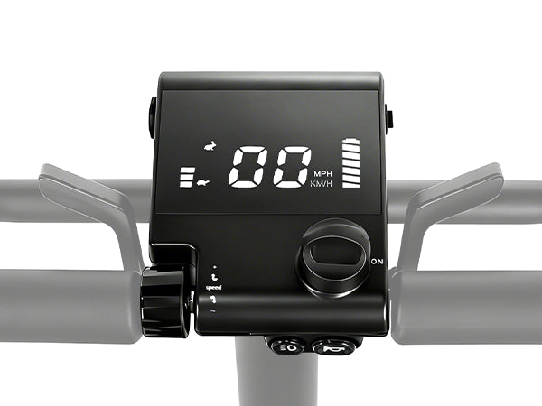 Meet One Glide mobility scooter control panel with speed display, battery indicator, and simple handle controls.