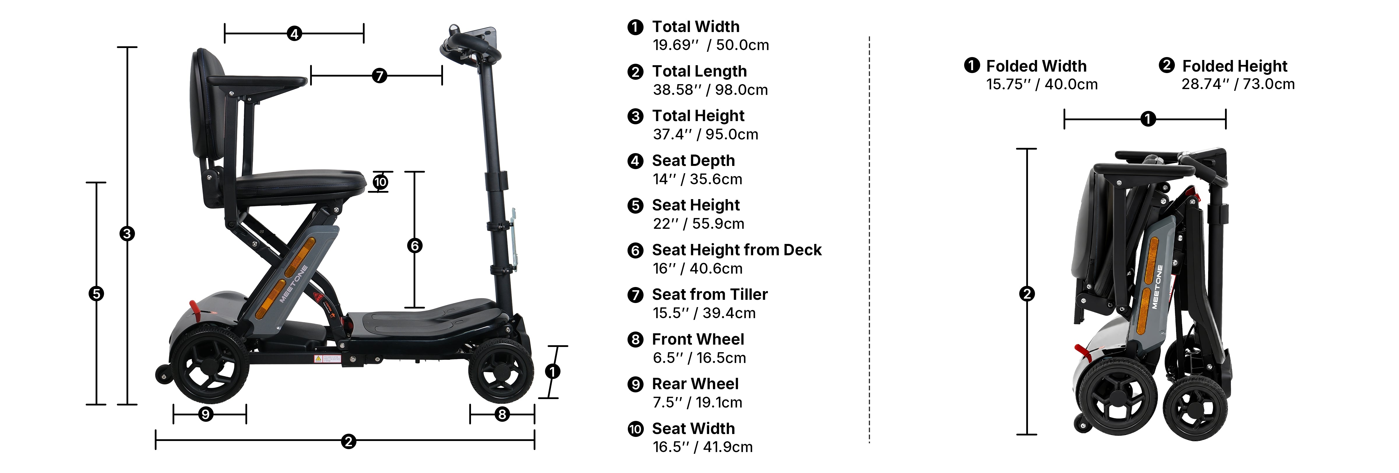 Meet One Glide mobility scooter dimensions chart showing total width, length, height, seat measurements, wheel sizes, and folded size.
