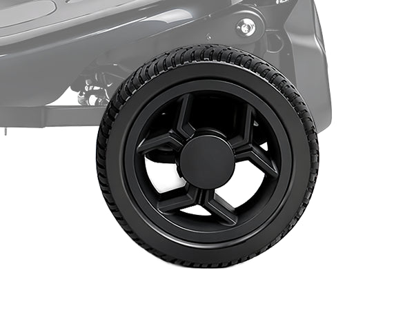 Close-up of the Meet One Glide mobility scooter solid tire designed for smooth and reliable riding.